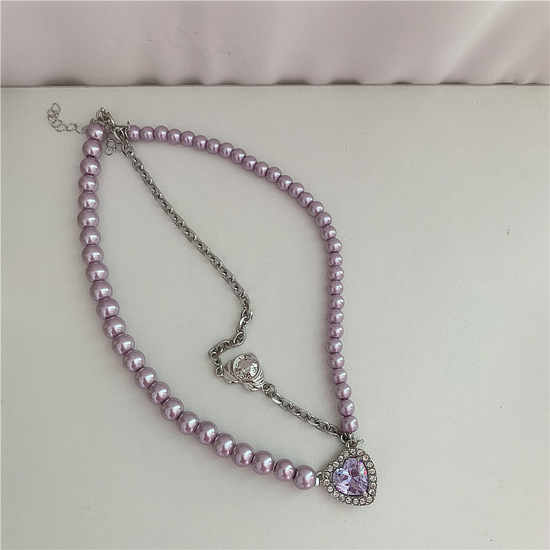 Korean Autumn And Winter Pearl Purple Gem Choker Pendant Necklace display picture 5