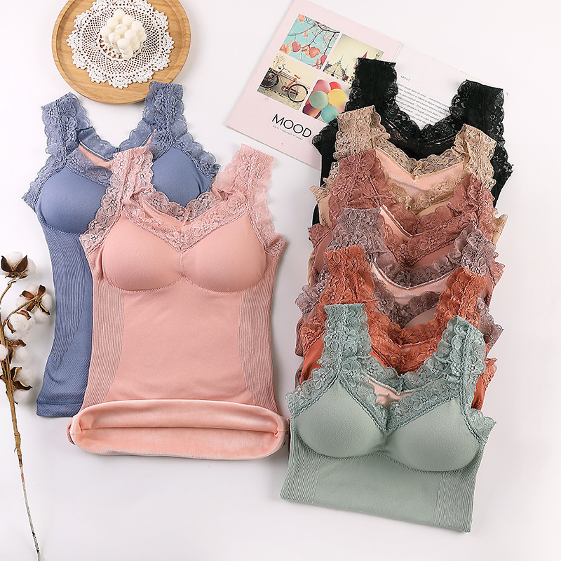 New 8-color Women's Warm Vest Seamless Lace Warm Underwear with Chest Pad Slim-fit Base Fleece Vest for Women