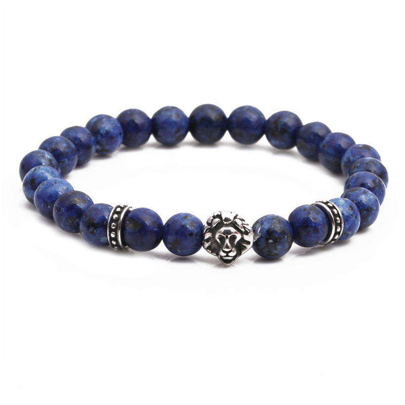 Stainless Steel Lion Head Bracelet Blue Stone Beaded Men&#39;s Bracelet display picture 1