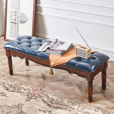 1.4米美式乡村罗马柱带软包皮质换鞋子放衣服实木床尾凳卧室家具