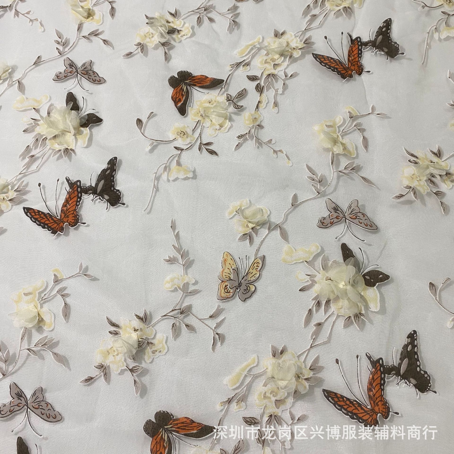 欧根纱印花面料蝴蝶烂花纱时尚婚纱雪纺手工立体花连衣裙动物黄色