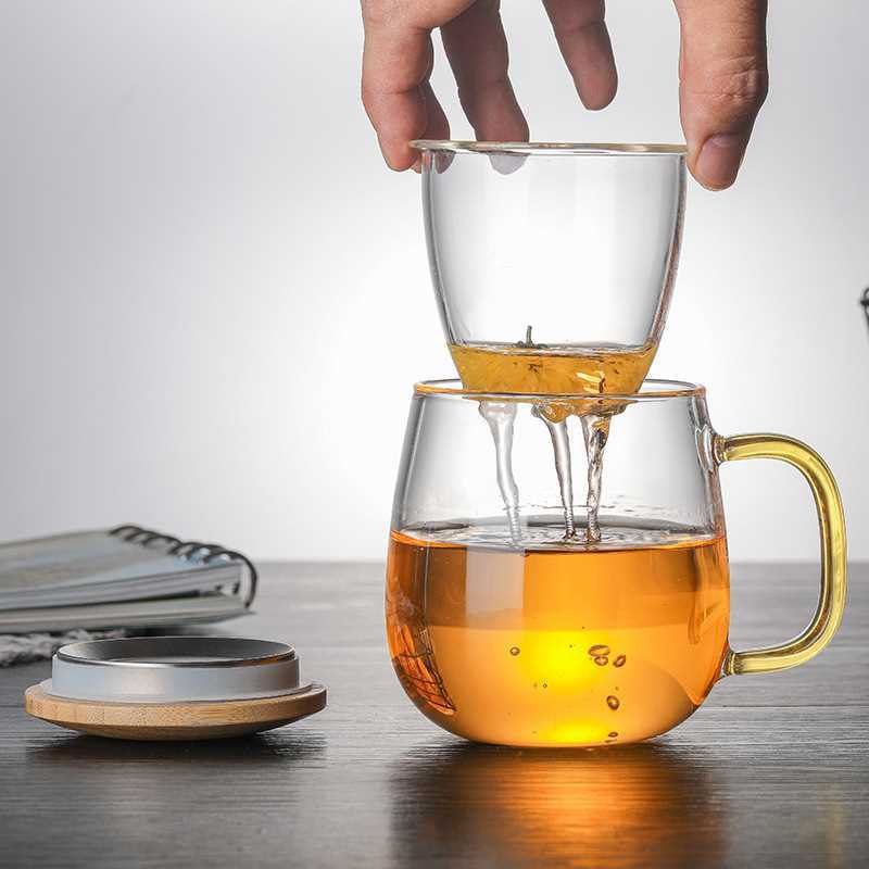 Taza de té de vidrio de borosilicato taza de agua de oficina para hombres y mujeres con tapa de bambú flor taza de té filtro de separación de té taza de té