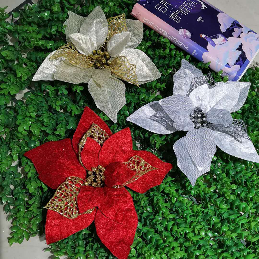 新款高档撒粉圣诞人造花金色镂空圣诞装饰品精美银葱金葱金色绒布