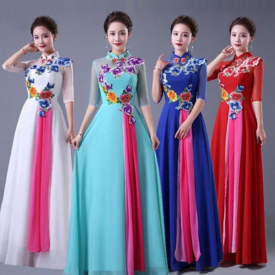 Chinese Dress Qipao for women Chorus costume adult female retro Chinese style stage costume show middle aged and elderly chorus dress long skirt