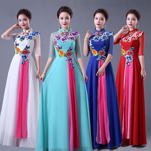 Chinese Dress Qipao for women Chorus costume adult female retro Chinese style stage costume show middle aged and elderly chorus dress long skirt