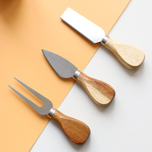 Stainless steel wooden handle cheese knife and fork, creative butter knife set, compact cheese knife