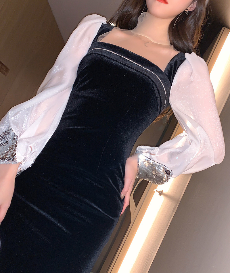 Váy nhung nữ cổ vuông ôm body xẻ tà phong cách Hepburn — Màu đen chi tiết 27