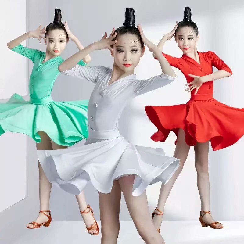 新款儿童拉丁舞裙夏季练功服女童专业考级规定服比赛短袖练习套装|ru