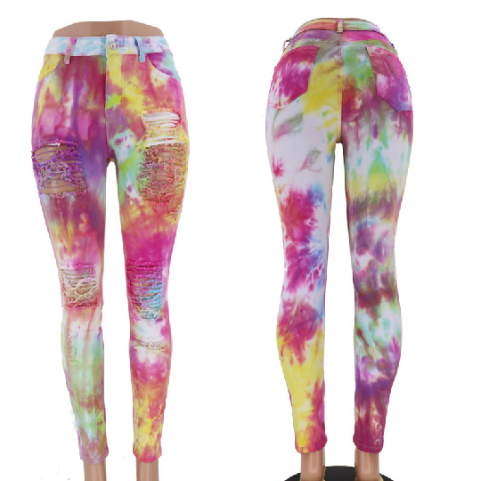 Tie-Dye Print Holes Tight-Fitting High-Waisted Jeans NSYB65129