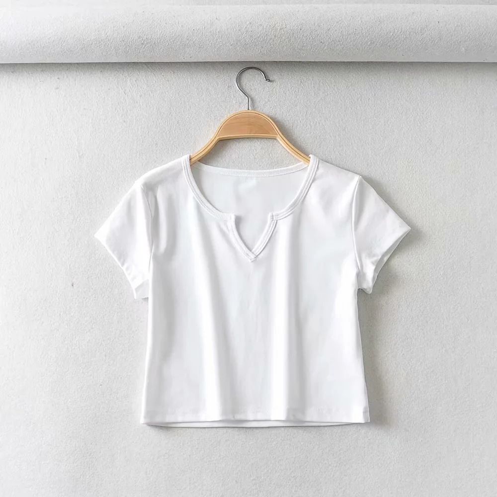 solid color small V-neck short-sleeved T-shirt  NSHS44680