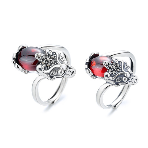 Cross-border Lucky Pixiu Ring for Men and Women Retro Silver Garnet Open Ring Ethnic Style Hand Jewelry Manufacturer Direct Supply
