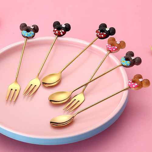 304不锈钢儿童水果勺卡通餐具甜心叉喝粥勺可爱萌趣树脂勺子2件套