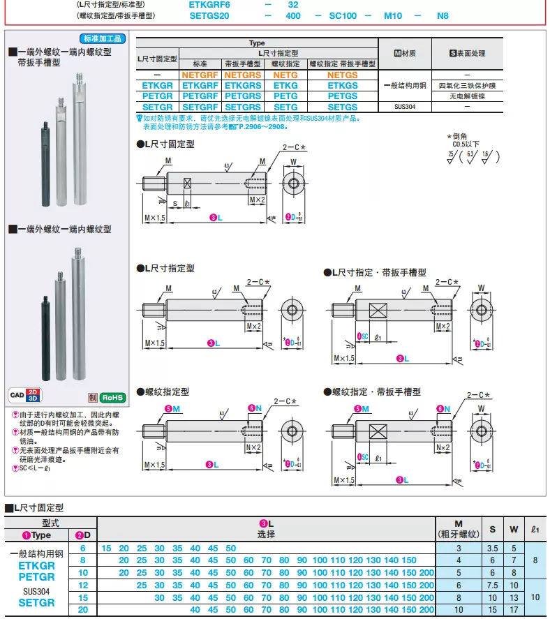 圆形支柱 一端外螺纹一端内螺纹 带扳手槽型/螺纹指定型/加工定制