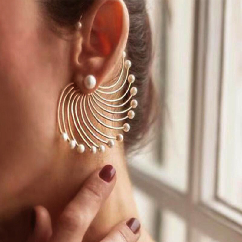 Personality Fan-shaped Exaggerated Earrings Geometric Artificial Pearl Wild Earrings Tide People Big Circle Earrings Wholesale Nihaojewelry display picture 2