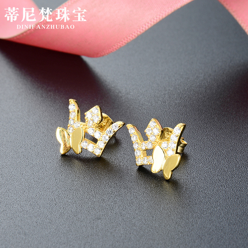 Diamante corona mariposa s925 pendientes de plata chapado en oro elegante noble banquete pendientes femeninos fuente fábrica al por mayor