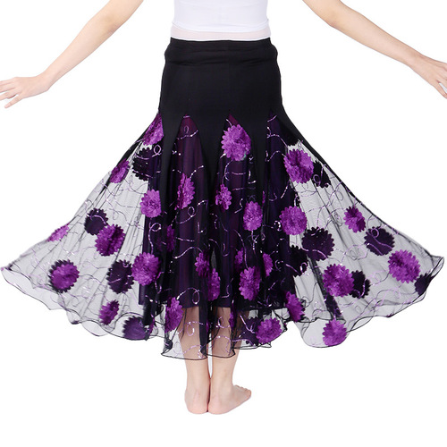 Pink blue yellow red flowers Modern ballroom dance skirt for women girls large swing skirt flower sequins waltz tango practice national standard dance long skirt