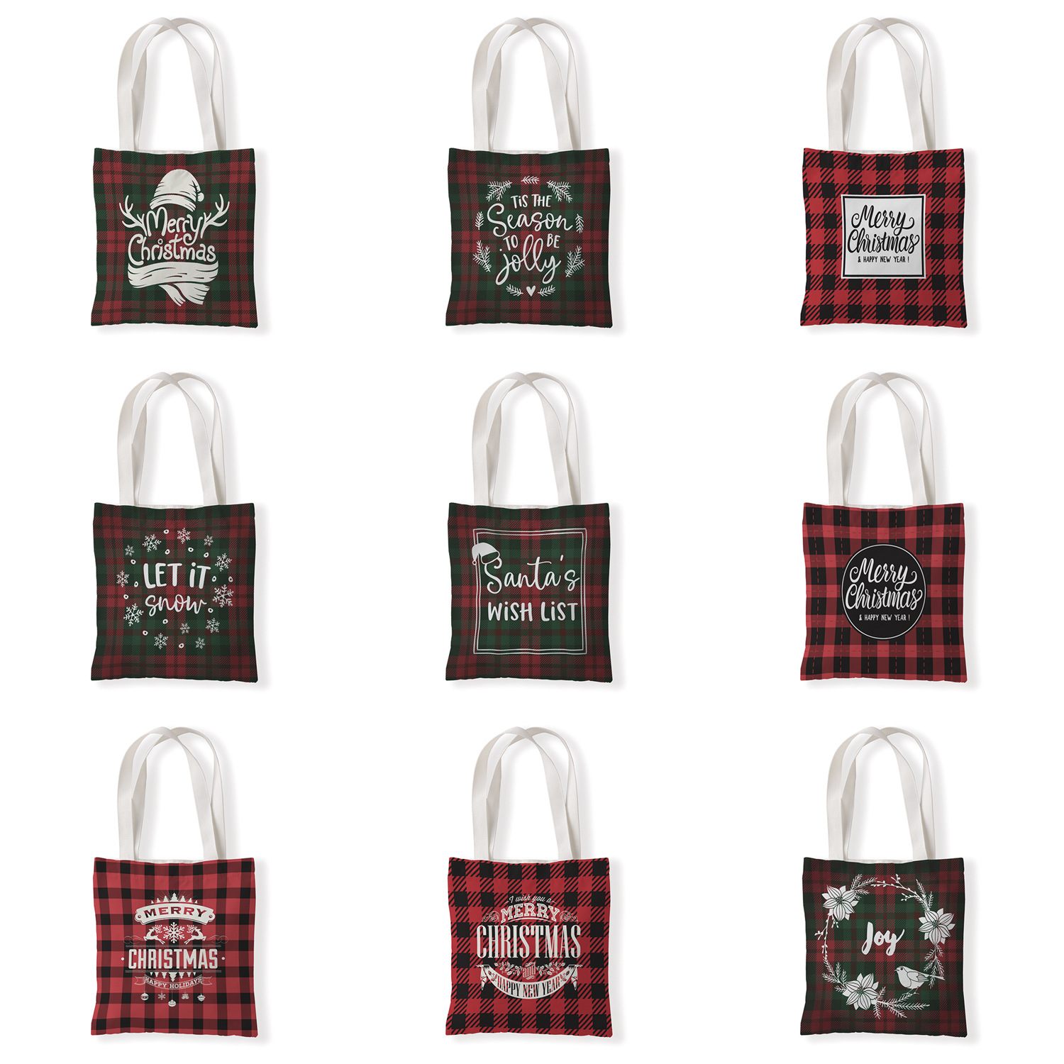 圣诞节格子图案帆布单肩袋学生百搭包手拎包休闲零钱袋环保购物袋