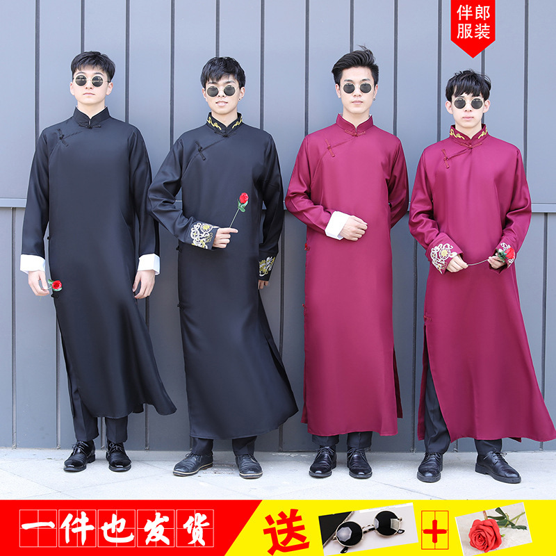 中式结婚礼服伴郎伴娘服男士长衫长袍大褂民国古装相声兄弟团礼服 阿里巴巴