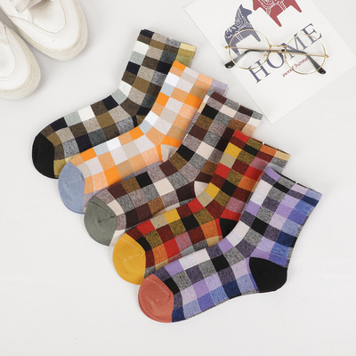 纯棉袜子女批发秋冬厚款中筒袜时尚方格水果袜子吸汗透气潮流棉袜