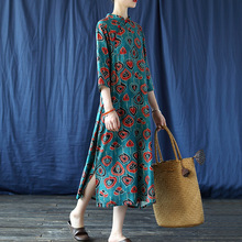 2071喜墨秋季女装棉麻数码印花中式立领改良旗袍　复古宽松连衣裙