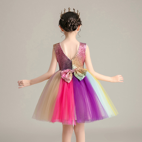 Girls rainbow colored sequined modern jazz dance dress singers host chorus stage performance princess dress for kids 