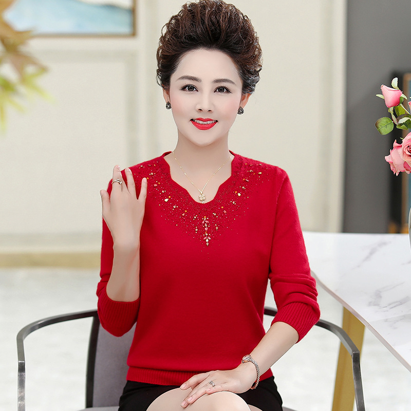 Ladieswear's Spring & Fall Knitted Bottoming Shirt Pullover Sweater Loose Middle-Aged and Elderly Women's Tops 50-60 Years Old Fashionable Elegant