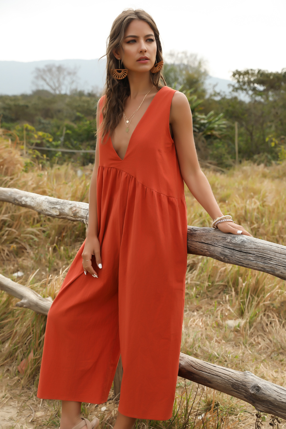 fashion women's V-neck strap sexy solid color jumpsuit NSDF1479