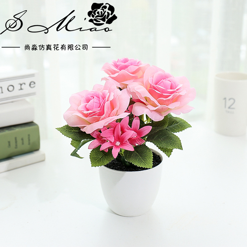 假花玫瑰小盆景創意擺件仿真植物盆栽廠家直供仿真花壹件代發