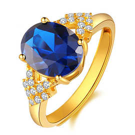 热卖镀黄金色蓝宝石戒指 活口可调节镶嵌坦桑石钻戒 结婚求婚戒指