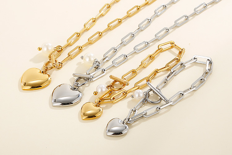 fashion stainless steel peach heart OT buckle necklace bracelet set wholesale Nihaojewelry
