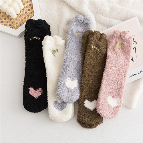 Winter coral velvet kitten paw floor sleeping socks plus velvet thickened warm terry cute socks winter women's mid-length socks
