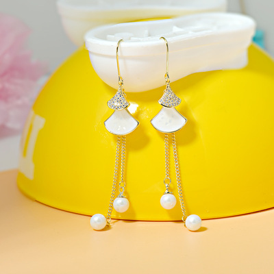 跨境電商專供貝殼扇形流蘇锆石耳環女氣質長款珍珠耳墜新潮耳飾品