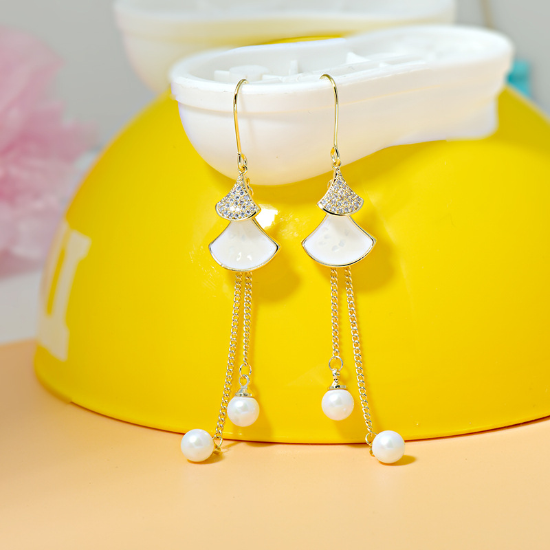跨境電商專供貝殼扇形流蘇锆石耳環女氣質長款珍珠耳墜新潮耳飾品