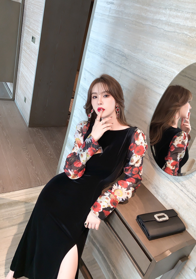 Đầm liền thân nhung đen dài tay in họa tiết retro dáng ôm — Màu đen chi tiết 8