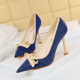278-17 Korean version of sweet high-heeled shoes with thin thin heels, high heels with shallow mouth and pointed Point Knitting color matching bow single shoes