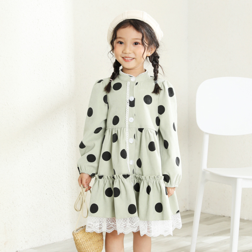 泡泡袖牛油果绿秋女童波点连衣裙童装女童秋装连衣裙新款儿童韩国