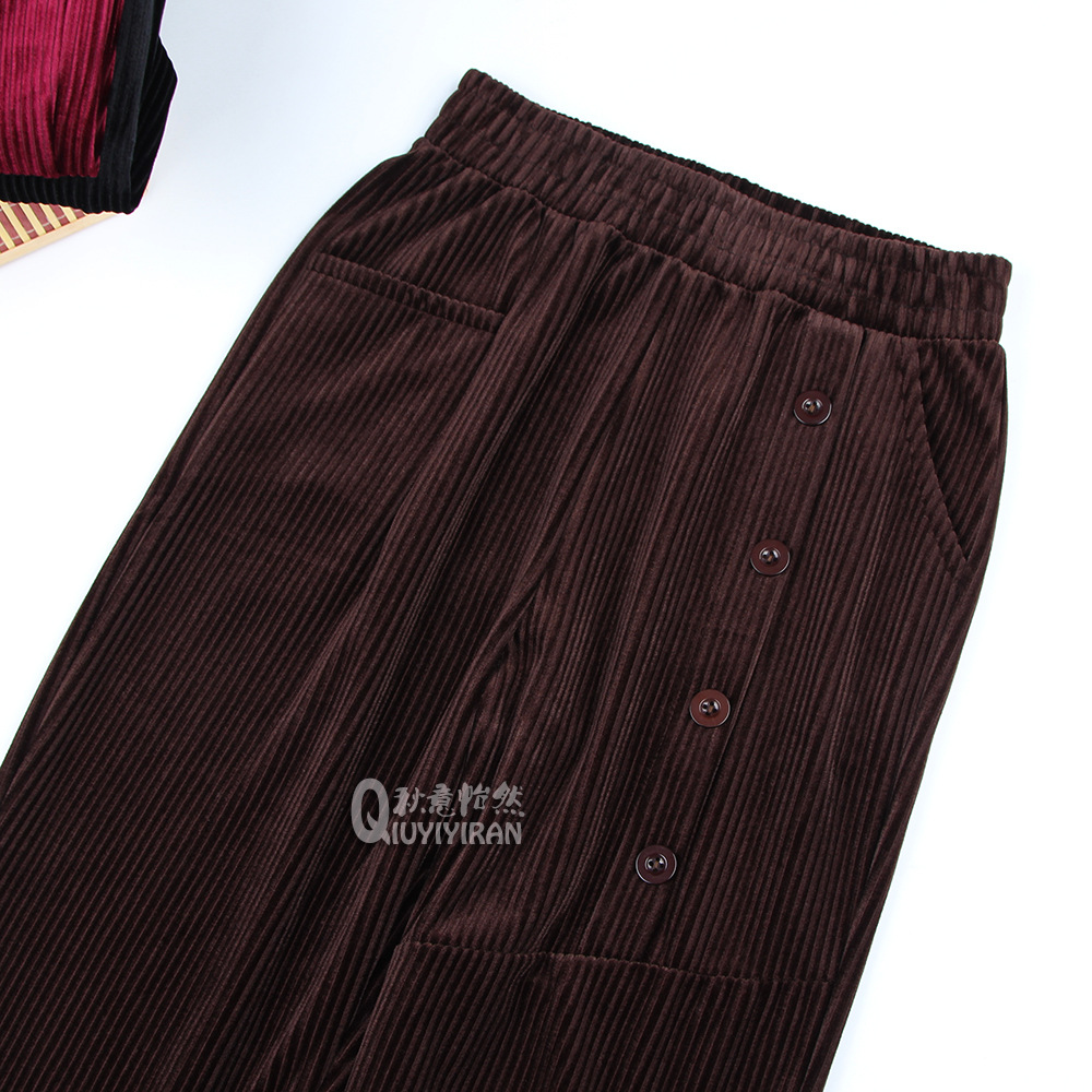 2022冬款3D裤女中老年大码棉裤扣子妈妈灯芯条绒哈伦裤高腰显瘦