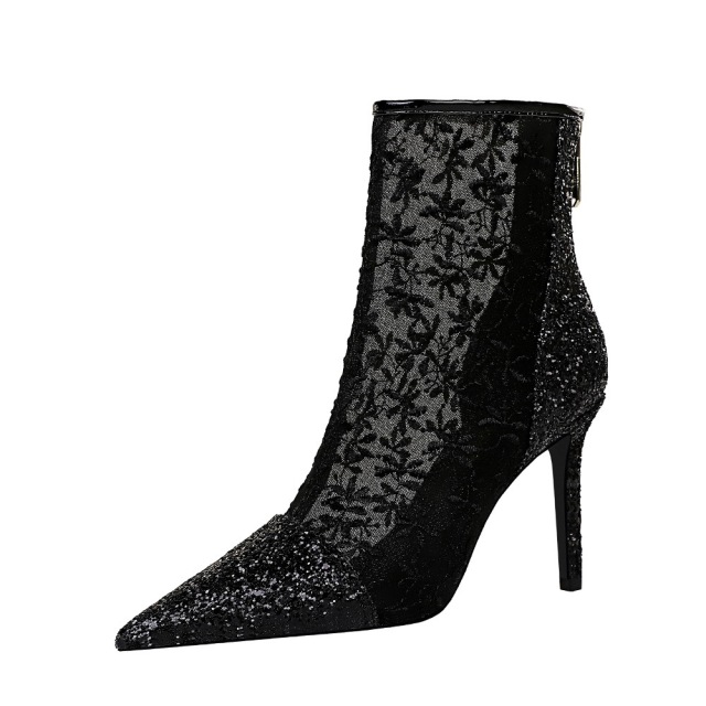 Thin high heel Sequin pointed embroidered transparent mesh lace boots