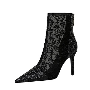 316-3 han edition fashion sexy ladies boots yard with sequins pointed embroider line transparent mesh hollow-out lace sh