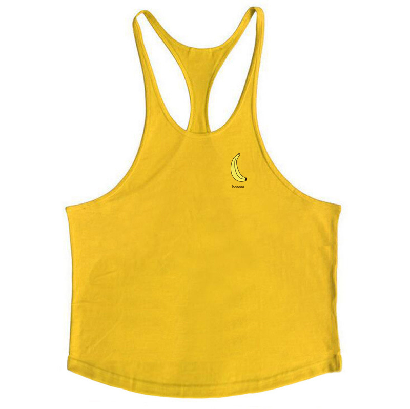 Nuevos hombres sexy de corte bajo correa de hombro delgada fruta impresa Chaleco de algodón plátano fitness chaleco deportivo de verano