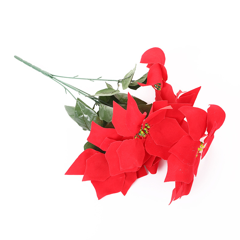 厂家现货仿真圣诞绒布定制一品红 植物人造假花束 圣诞花卉一品红