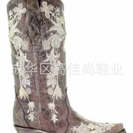 2020新款民族风欧美绣花长靴女靴粗跟大码40-43wish独立站货源