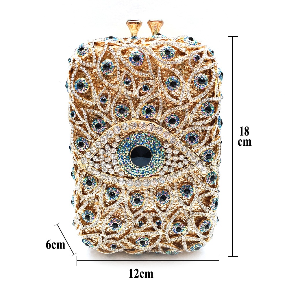 Túi clutch dạ hội đính đá pha lê kim loại rỗng kiểu dọc — Màu xanh lam, Vàng/Xanh đậm AB mắt, Màu bạc, Vàng/Con công xanh AB mắt chi tiết 1