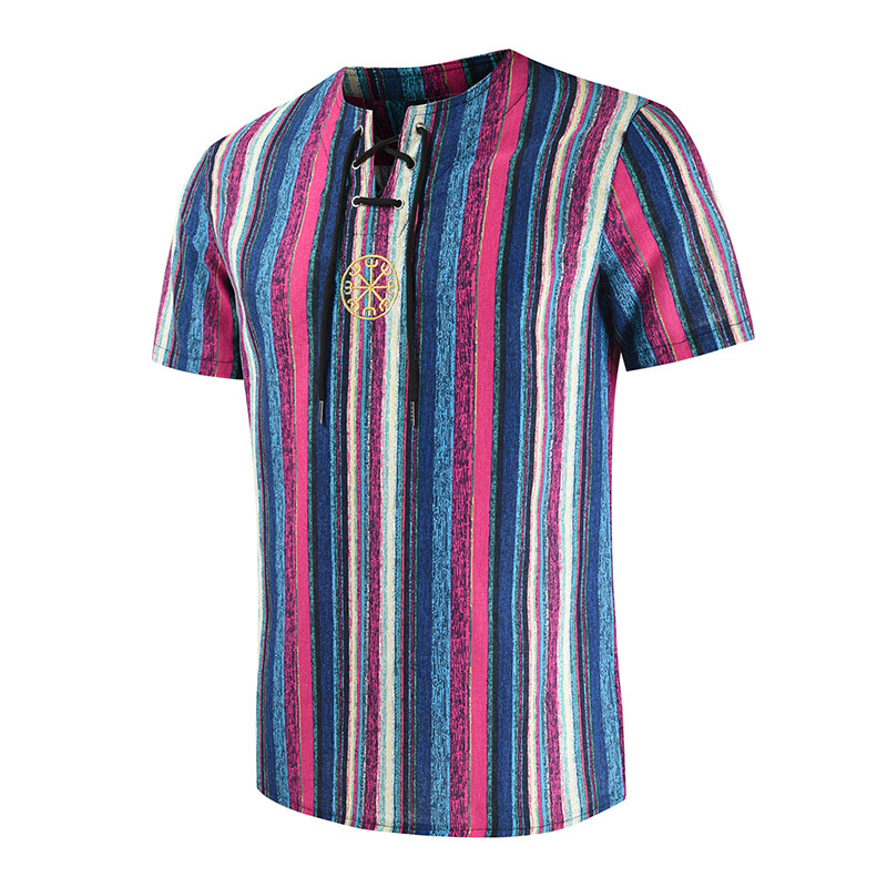 2024 Summer Cross-Border Wish Cotton and Linen Embroidered Short-Sleeved Shirt Slimming Look Stripesd Printed Pullover Round Neck Cotton and Linen Shirt