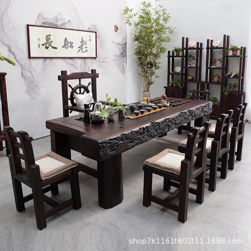 老船木茶桌椅组合实木办公室茶几茶具套装桌子一体功夫泡茶桌茶台|ms