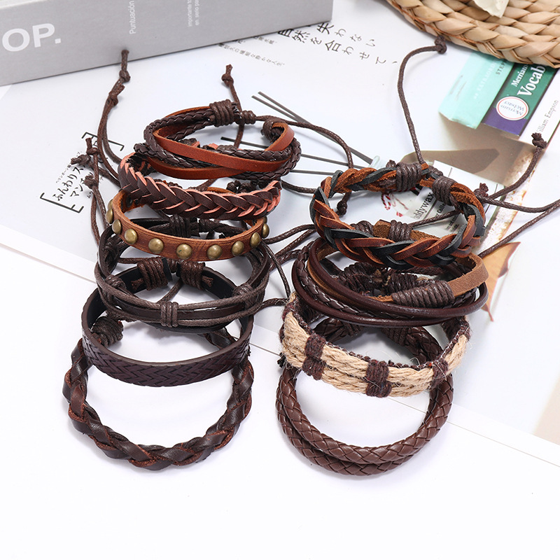 Punk style retro multi-layer leather 10 piece set braided bracelet hand rope