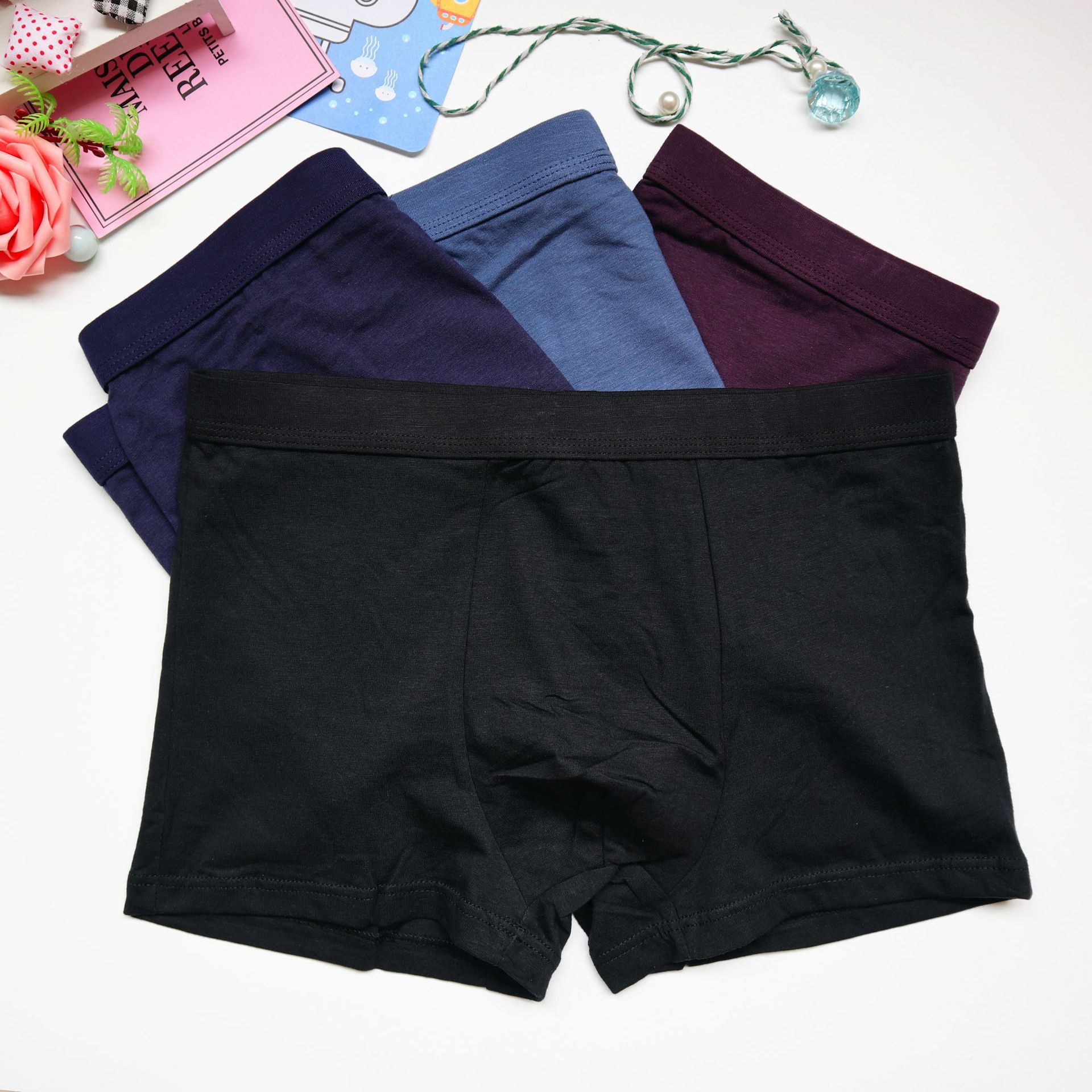 熱銷男士內褲純色天然純棉親膚大碼透氣舒適U凸淨色四角褲頭批發