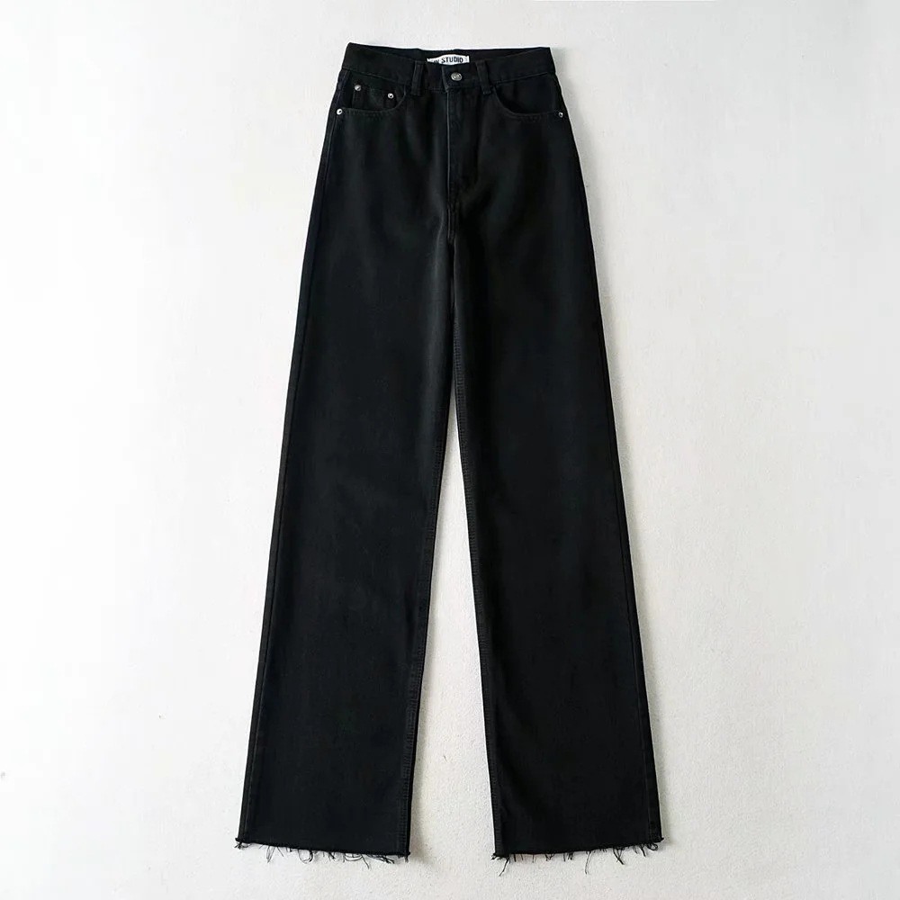 Floor Mopping Raw Edge Denim Trousers Europe And The United States Autumn And Winter New High-waist Floor-to-ceiling Loose And Thin Straight Wide-leg Jeans