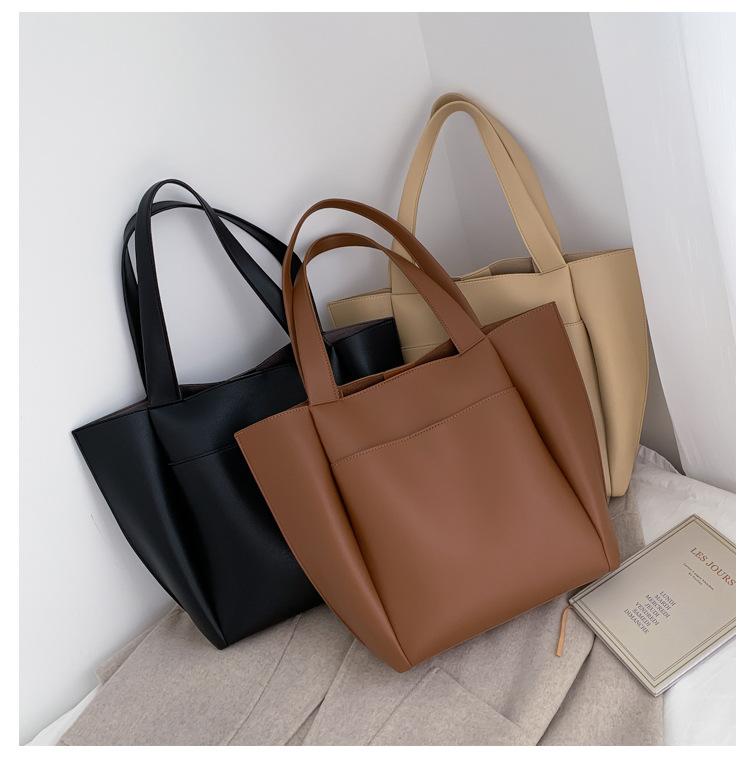 Beige, Black Color Women's Pu Leather Solid Color Basic Square Magnetic Buckle Shoulder Bag Tote Bag