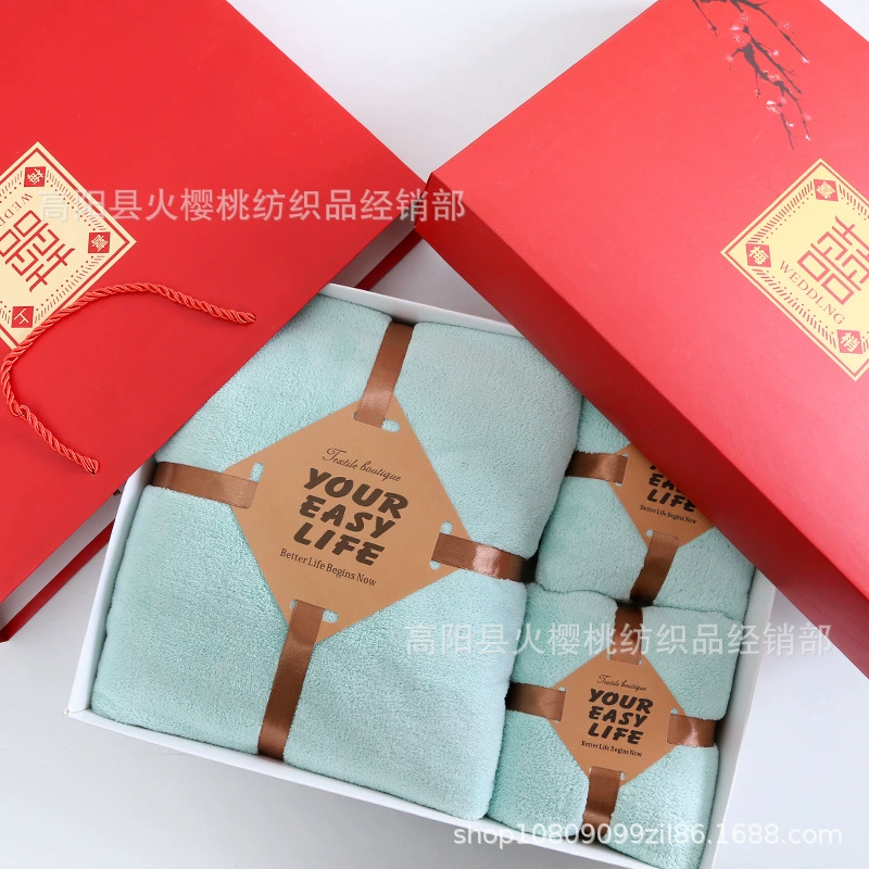 Bath towel, coral velvet set, red gift box, 3 piece set